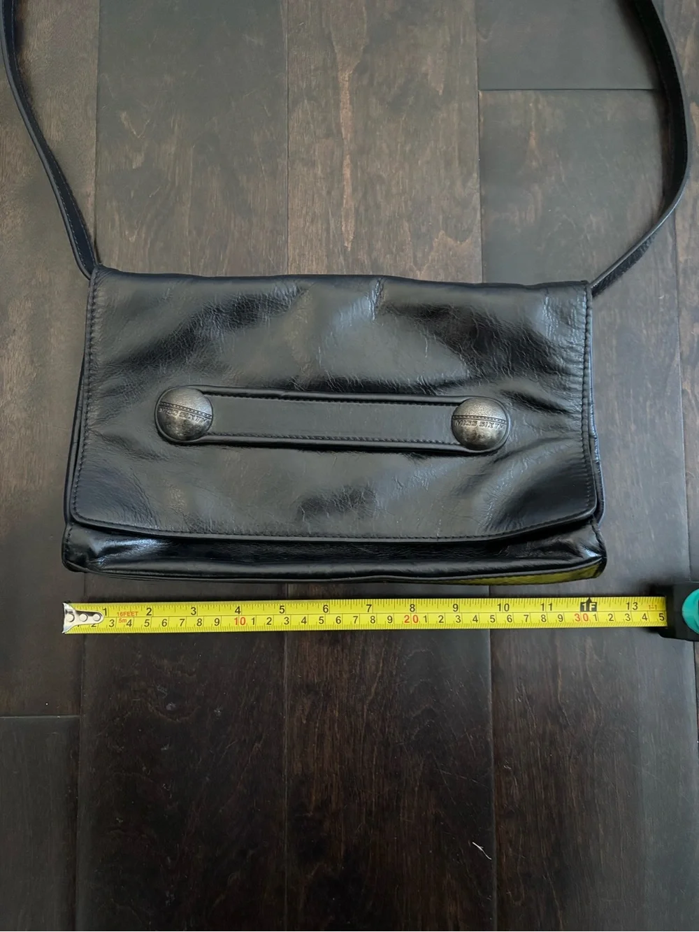 Miss Sixty Black Leather Messenger Bag with Metal Button Accents